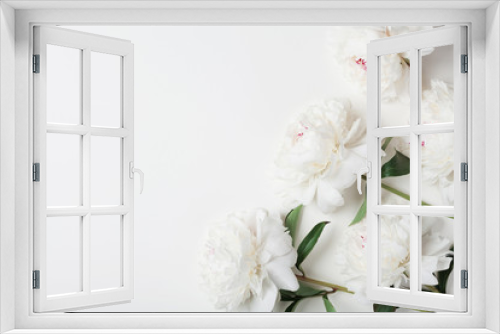 Fototapeta Naklejka Na Ścianę Okno 3D - Beautiful white peony flowers bouquet on pastel table top. Flat lay style.