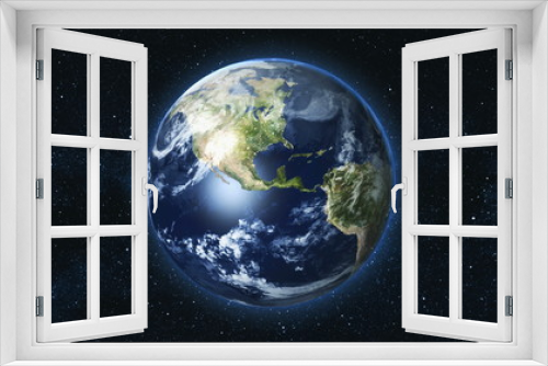 Fototapeta Naklejka Na Ścianę Okno 3D - Realistic Earth Planet, rotating on its axis in space against the background of the star sky. Seamless loop. Astronomy and science concept. Night city lights. Elements of image furnished by NASA