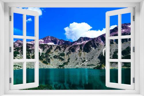 Fototapeta Naklejka Na Ścianę Okno 3D - Beautiful alpine lake, river in the high mountains peak, blue sky background. Amazing Mountain hiking paradise landscape, summertime.