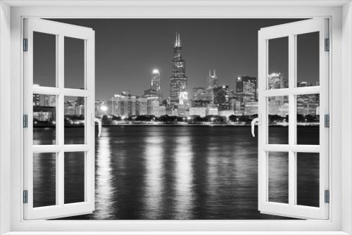 Fototapeta Naklejka Na Ścianę Okno 3D - Black and white Chicago waterfront panorama at night, USA.