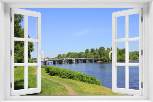 Fototapeta Naklejka Na Ścianę Okno 3D - Summer Nature Landscape View with Lake, Bridge and Green Trees at Local City Park. Summer Panoramic Outdoor Scene, Rural Park River and Lake on Sunny Day. Camping and Recreation Concept.
