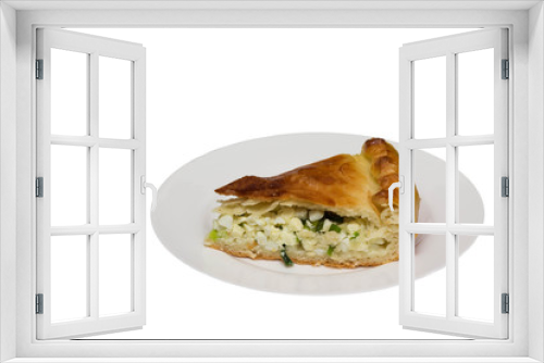 Fototapeta Naklejka Na Ścianę Okno 3D - Savory pie with chicken,  onion and egg a white background. Isolate.