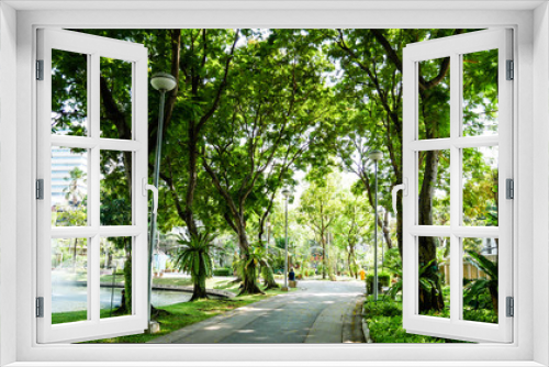 Fototapeta Naklejka Na Ścianę Okno 3D - BANGKOK, THAILAND - MARCH 11, 2017: A walk way and green forest in the Santiphab park, the place for people to relax in Bangkok in the afternoon with fresh air.