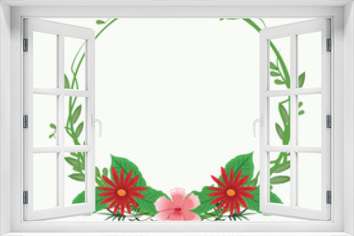 Fototapeta Naklejka Na Ścianę Okno 3D - Decorative round frame pink flowers with leaves vector illustration graphic design