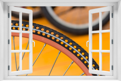 Fototapeta Naklejka Na Ścianę Okno 3D - details of bicycle wheel in park, close up of flat-free or airless bike tire