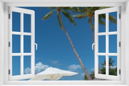 Fototapeta Naklejka Na Ścianę Okno 3D - White Beach Vacation Umbrella and Tall Coconut Trees - Bohol, Philippines