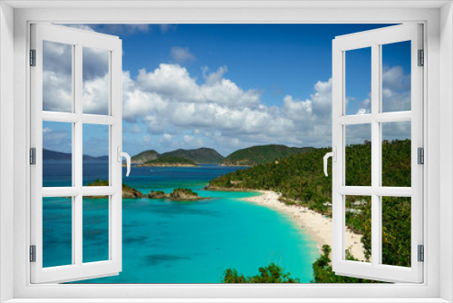 Fototapeta Naklejka Na Ścianę Okno 3D - Beautiful bay in island with beach and green hills, St. John US Virgin Islands