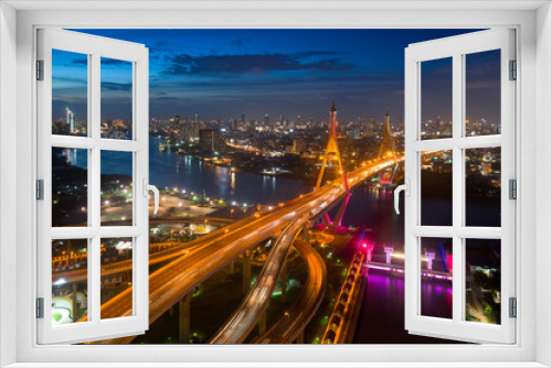 Fototapeta Naklejka Na Ścianę Okno 3D - Bangkok Expressway top view, Top view over the highway,expressway and motorway at night, Aerial view interchange of a city, Expressway is an important infrastructure in Thailand