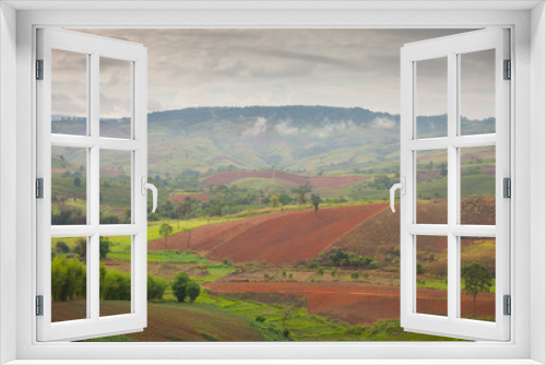 Fototapeta Naklejka Na Ścianę Okno 3D - a green field at the  land for agriculture preparation with mountain and white foggy background