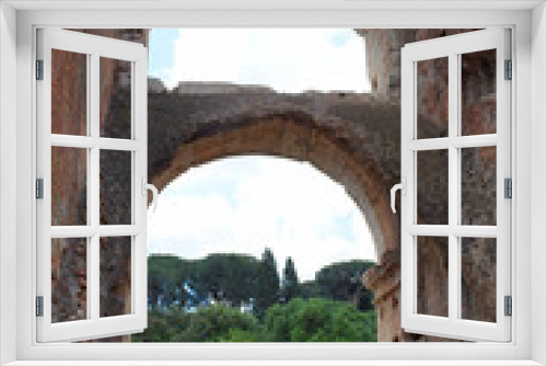 Fototapeta Naklejka Na Ścianę Okno 3D - Italy, Rome, Colosseum. View of internal and external architectures. Known as the Flavian Amphitheater, it is the largest amphitheater in the world, located in the city center of Rome.