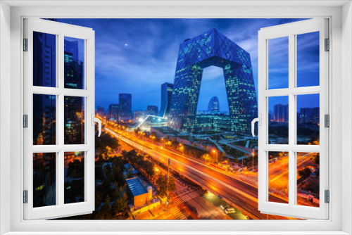 Fototapeta Naklejka Na Ścianę Okno 3D - Night cityscape with bilding and road in Beijing city