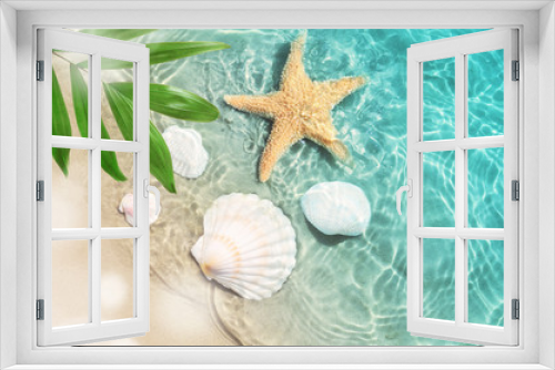 Fototapeta Naklejka Na Ścianę Okno 3D - starfish and seashell on the summer beach in sea water.