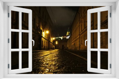 Fototapeta Naklejka Na Ścianę Okno 3D - Old City Historic Street Romantic Road View with Lamp at Night