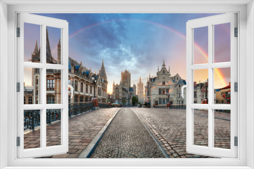 Fototapeta Naklejka Na Ścianę Okno 3D - Rainbow over Ghent, Belgium old city