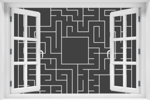 Abstract simple square isolated labyrinth. White on a black background. An interesting game for children. With a place for drawing. Simple flat vector illustration.