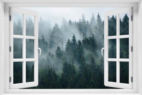 Fototapeta Naklejka Na Ścianę Okno 3D - Misty landscape with fir forest in hipster vintage retro style