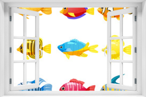 Fototapeta Naklejka Na Ścianę Okno 3D - Set cartoon Funny fish vector characters. Colorful coral reef tropical fish set vector illustration. Sea fish collection isolated on white background. Isolated