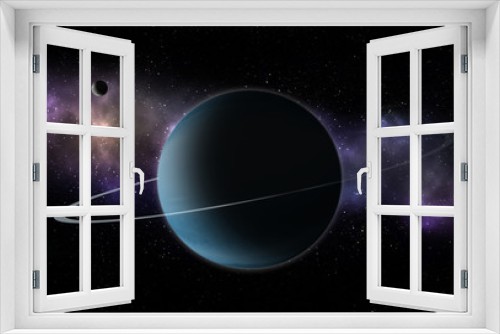 Fototapeta Naklejka Na Ścianę Okno 3D - Unknown planet with rings in blue tones. Space exploration.