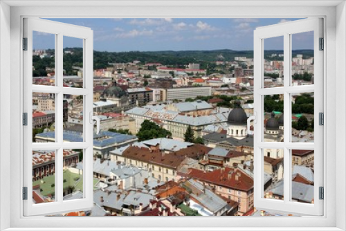 Church of Transfiguration and the old town in Lviv from a bird's eye view, Ukraine