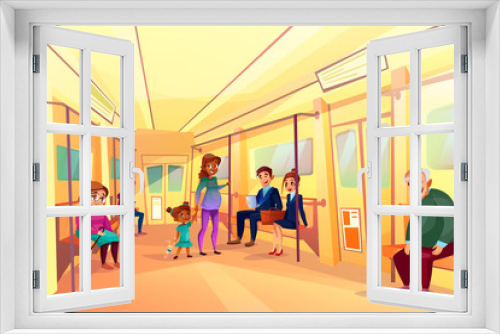 People in subway metro vector illustration of elderly man and woman or businessman and office manager sitting in train. Pregnant black mother and daughter, boy with in smartphone and girl reading book