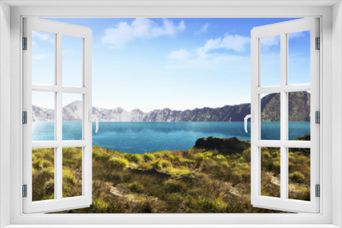Fototapeta Naklejka Na Ścianę Okno 3D - Beautiful lake with mountain view on background