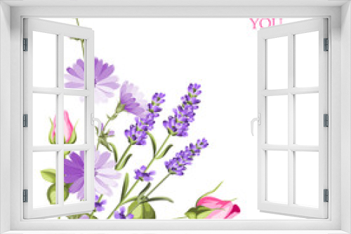 Fototapeta Naklejka Na Ścianę Okno 3D - Label with lavender. Bunch of lavender flowers on a white background. Botanical illustration.
