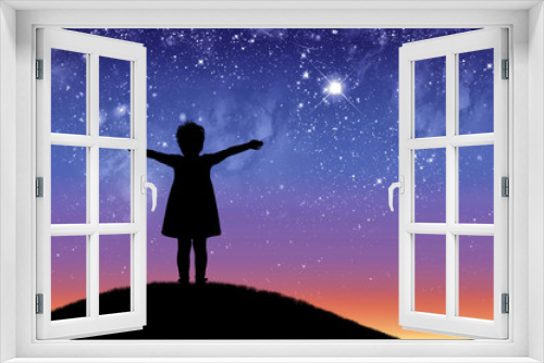Fototapeta Naklejka Na Ścianę Okno 3D - Silhouette, little happy girl child standing on a hill looking not starry beautiful sky.