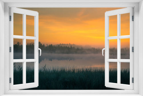 Fototapeta Naklejka Na Ścianę Okno 3D - A beautiful, colorful landscape of a misty swamp during the sunrise. Atmospheric, tranquil wetland scenery with sun in Latvia, Northern Europe.