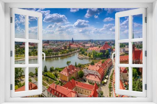 Fototapeta Naklejka Na Ścianę Okno 3D - Widok z lotu ptaka na centrum miasta, rzekę oraz żeglujące statki - Wrocław, Polska