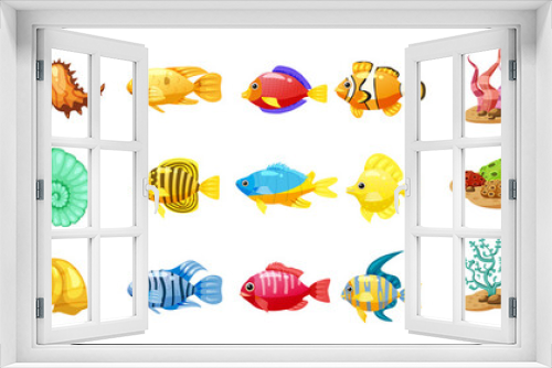 Fototapeta Naklejka Na Ścianę Okno 3D - Cartoon Vector game icons with seashell, Colorful coral reef tropical fish, pearl, colorful corals and algae, white background, for match three game, apps on white background. Isolated elements.