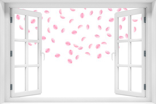 Sakura petals falling down. Romantic pink silky small flowers. Sparse flying cherry petals. Top semi