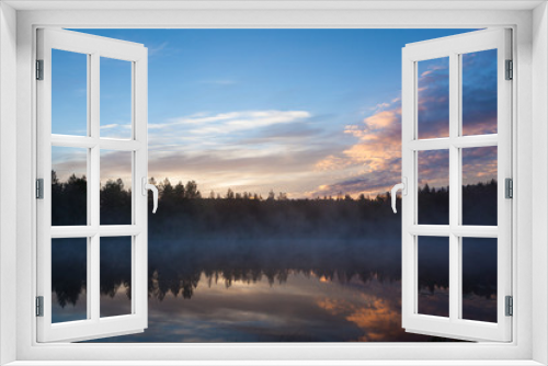 Fototapeta Naklejka Na Ścianę Okno 3D - Foggy morning at forest pond landscape Finland