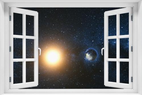Fototapeta Naklejka Na Ścianę Okno 3D - Space view on Planet Earth and Sun Star rotating on its axis in black Universe. Milky Way in the background. Seamless loop with day and night city lights change. Elements of image furnished by NASA