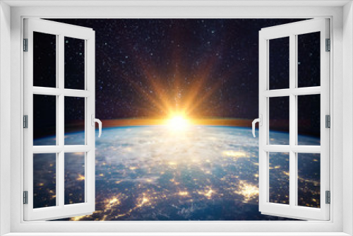 Fototapeta Naklejka Na Ścianę Okno 3D - Earth, sun, star and galaxy. Sunrise over planet Earth, view from space. Elements of this image furnished by NASA
