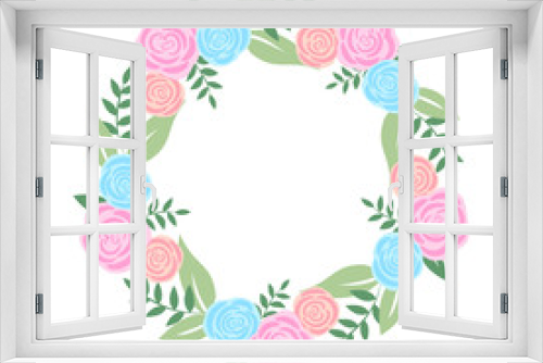 Fototapeta Naklejka Na Ścianę Okno 3D - Round banner with flowers on white background. Flyer for wedding, web, March 8, card with the decor. Invitations with frame of spring plants, leaves and flowers. Vector.