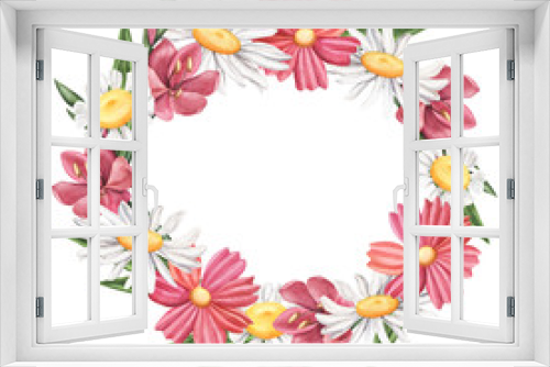 Fototapeta Naklejka Na Ścianę Okno 3D - Wreath of wild summer flowers - camomile, daisy, cosmos and lily, watercolor illustration isolated on white background. Watercolor white and pink wild, meadow flower wreath, round composition