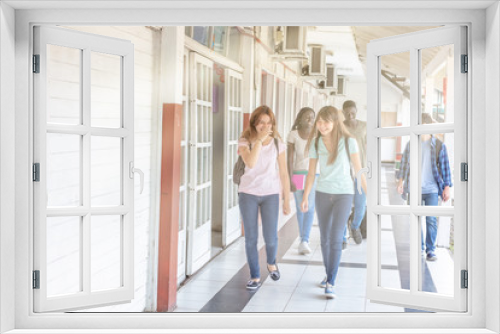 Teenagers group of multi ethnic people enjoying school life