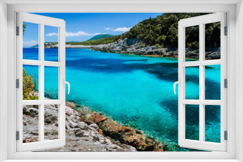 Fototapeta Naklejka Na Ścianę Okno 3D - Amazing colorful bay on Mediterranean island. White cliffs overgrown with vegetation. Summer vacation