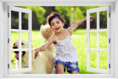 Fototapeta Naklejka Na Ścianę Okno 3D - Young girl with golden retriever running