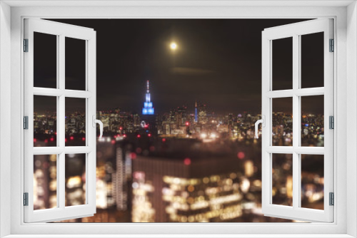 Fototapeta Naklejka Na Ścianę Okno 3D - Night-time panoramic view from the Tokyo Metropolitan Government Building on a full moon night.