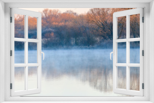 Fototapeta Naklejka Na Ścianę Okno 3D - Peaceful lake in the mist. Fog over pond at morning