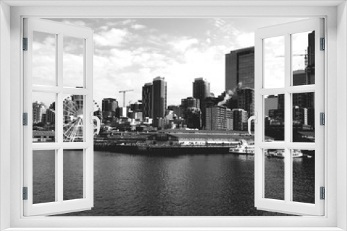 Fototapeta Naklejka Na Ścianę Okno 3D - Skyline Seattle downtown on Ferries, Black and white, Lake, Seattle Great Wheel, USA, Washington State AUGUST 2018