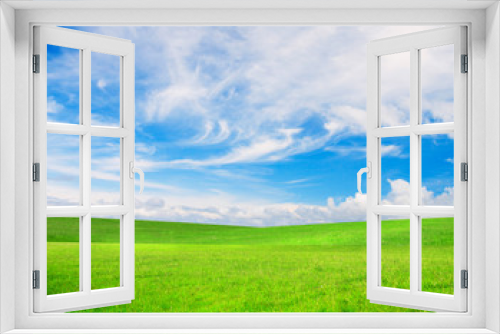 Fototapeta Naklejka Na Ścianę Okno 3D - Green grass and blue cloudy sky