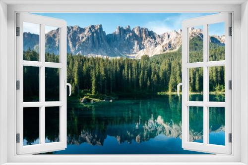 Fototapeta Naklejka Na Ścianę Okno 3D - Lake Carezza in front of Latemar group mountains