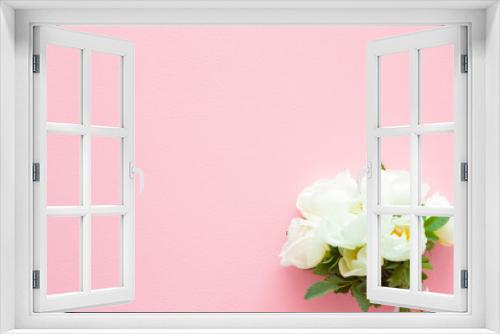Fototapeta Naklejka Na Ścianę Okno 3D - Beautiful, fresh wedding bouquet of white roses on pastel pink table. Soft light color. Greeting card. Mockup for positive ideas. Empty place for inspirational, emotional, sentimental text or quote.