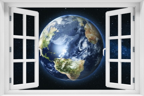 Fototapeta Naklejka Na Ścianę Okno 3D - Realistic Earth Planet, rotating on its axis in space against the background of the Milky Way star sky. Astronomy and science concept. Continents and oceans. Elements of image furnished by NASA