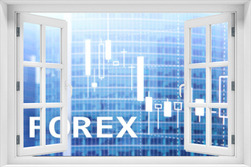 Fototapeta Naklejka Na Ścianę Okno 3D - Forex trading, financial candle chart and graphs on blurred business center background.