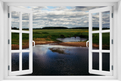 Fototapeta Naklejka Na Ścianę Okno 3D - Landscape view of the pond, fields and forest. 