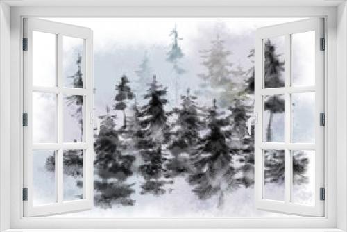 Fototapeta Naklejka Na Ścianę Okno 3D - Pine Trees Mystic Landscape. Watercolor Textured Romantic Winter Landscape for Print, Original Design, Card, Greeting Card, Poster, and any Printable Decoration.