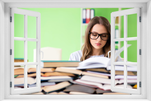 Young female student preparing for exams with many books 